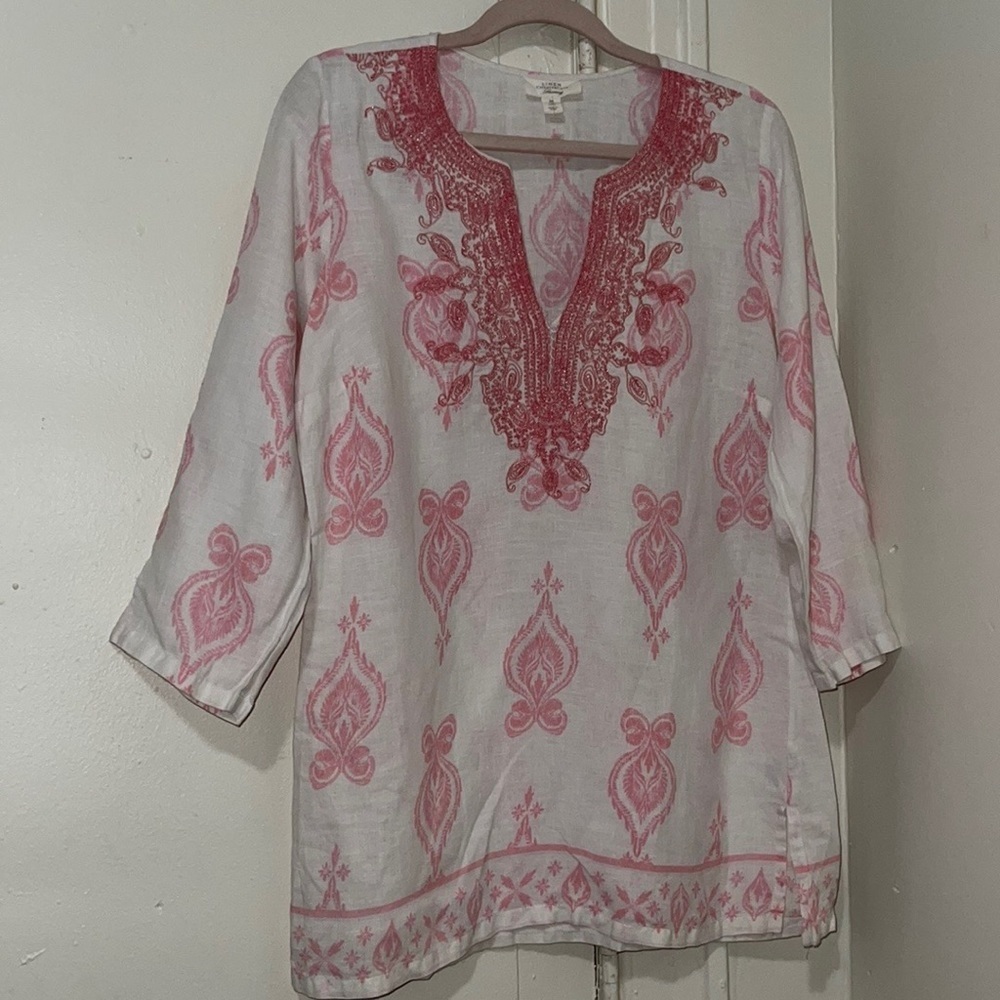 NWOT Charter Club Luxury Embroidered paisley  Linen Tunic Top M